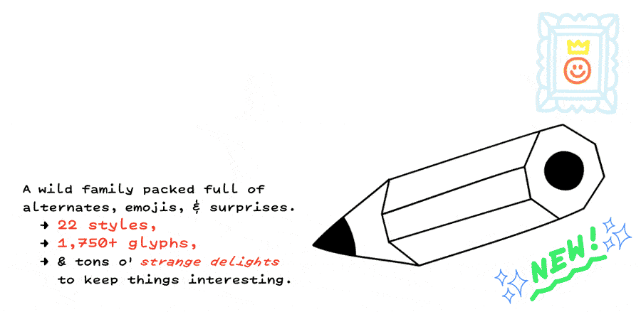 animation showing "A Hand-Drawn Font" being written on a white background. There's a giant pencil emoji, a picture frame of a smiley face, a blinking "new!", and a bit of factual text about the fonts.