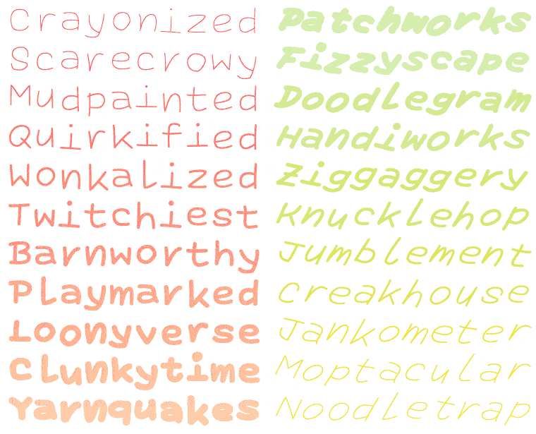 Colorful animation of all the 11 weights of A Hand Drawn font. 22 words, each in a different upright or italic style and cycling through all the various weights.