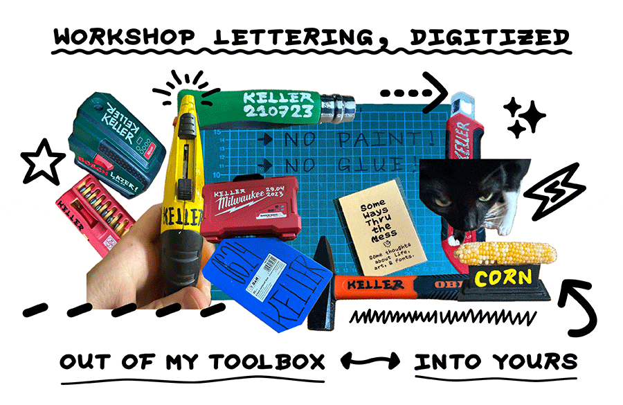 Collage of some tools with Rob Keller's distinctive handwriting that served as the basis for A Hand-Drawn Font