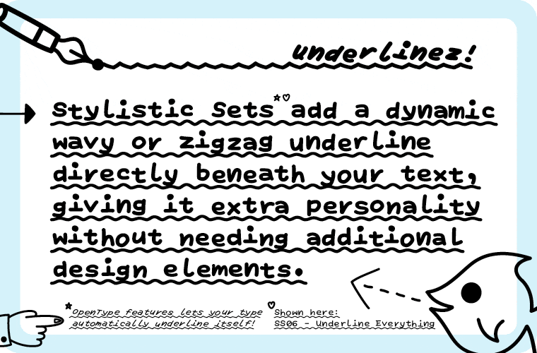Illustration showing the built in squiggly underline feature that gives either wavy or zig-zag underlines automatically.